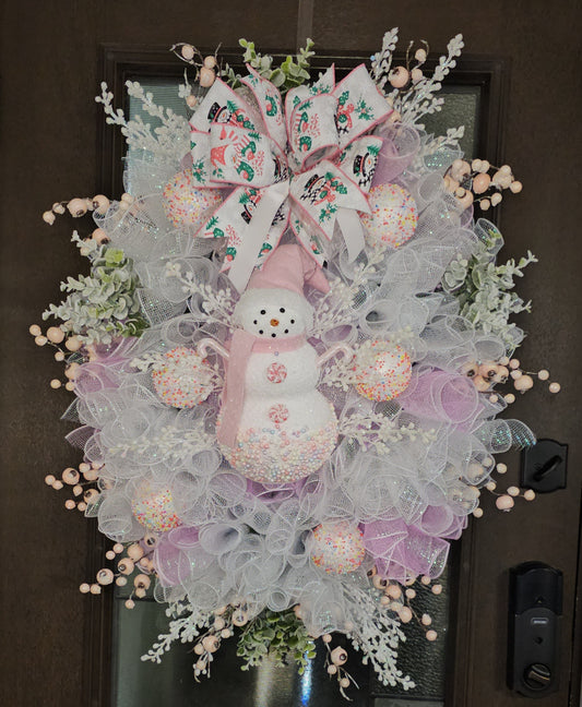 Pink Snowman Evergreen Wreath