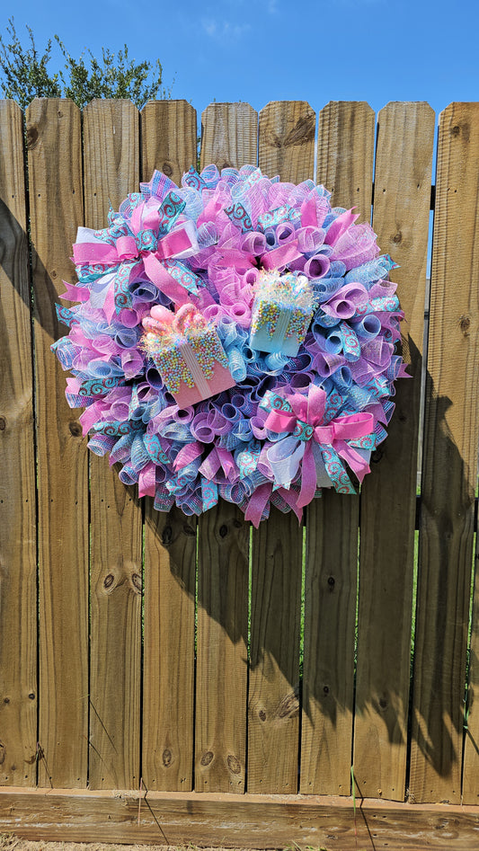 XL Pink & Blue Christmas Present Wreath